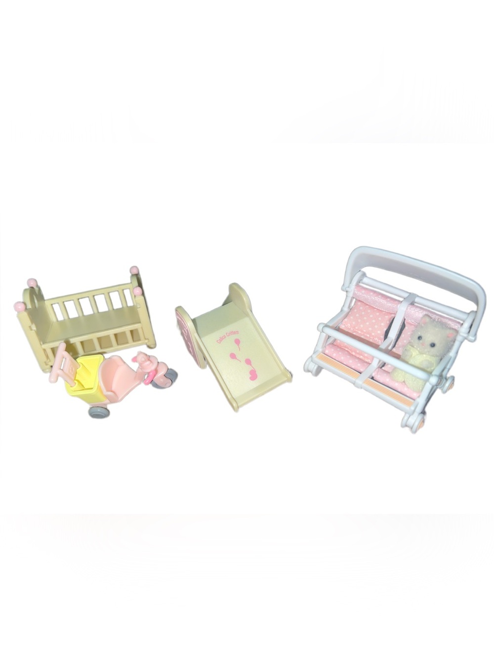 Calico critters/sylvanian families Slide /double Stroller ,Bed, Tricycle & Baby